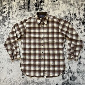 Vintage Pendleton Board Shirt Mens LPlaid Wool Flannel Brown Beige  Made In USA
